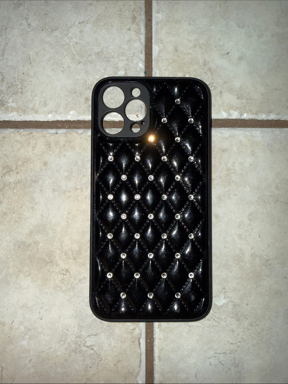 iPhone 16 Pro Max Case - Quilted Rhinestone Black - Sparkling Protective Cover